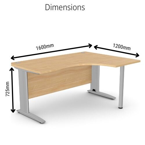 dimensions Cantilever Radial Office Desk With Silver Cable Managed Leg Right Hand W1600xD1200xH725mm Beech Komo