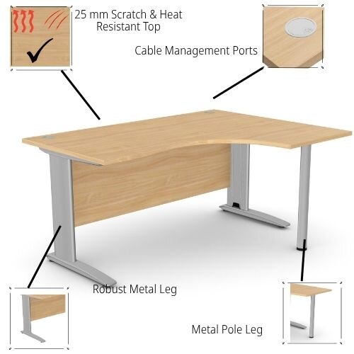 features Cantilever Radial Office Desk With Silver Cable Managed Leg Right Hand W1600xD1200xH725mm Beech Komo