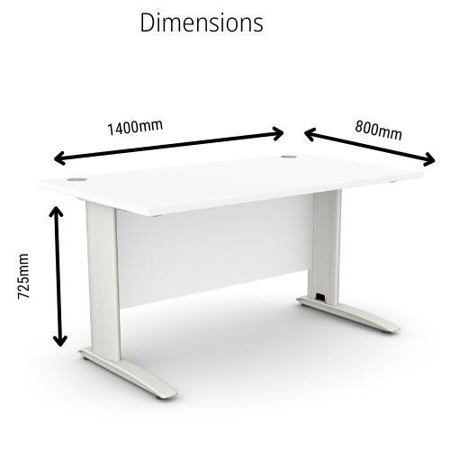dimensions Cantilever Office Desk Rectangular With White Cable Managed Leg W1400xD800xH725mm White Komo