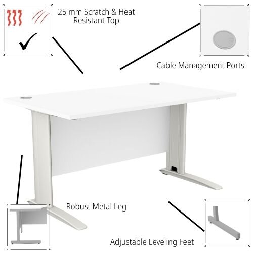 features Cantilever Office Desk Rectangular With White Cable Managed Leg W1400xD800xH725mm White Komo