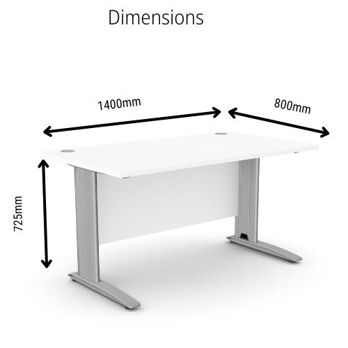 dimensions Cantilever Office Desk Rectangular With Silver Cable Managed Leg W1400xD800xH725mm White Komo