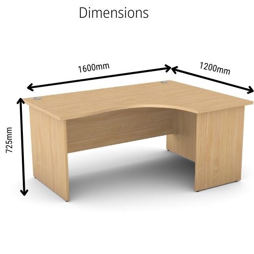 dimensions Radial Office Desk Panelled Right Hand W1600xD1200xH725mm Beech Ashford