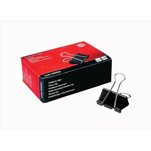 5 Star Foldback Clips, 40mm, Black (Pack of 12) - Strong Metal Clips for Paper and Document Organisation