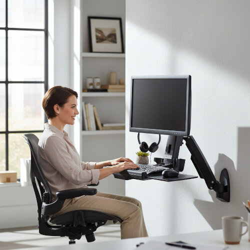 StarTech Wall Mount Workstation - Articulating Full Motion Standing Desk with Ergonomic Height Adjustable Monitor & Keyboard Tray Arm - Mouse & Scanner Holders - Single VESA Display WALLSTS1