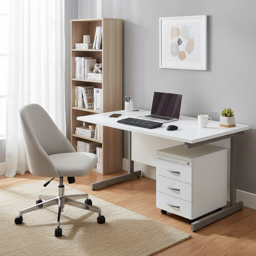 Office Desk Rectangular Silver Legs W1200mm With Mobile 3-Drawer Pedestal White Ashford