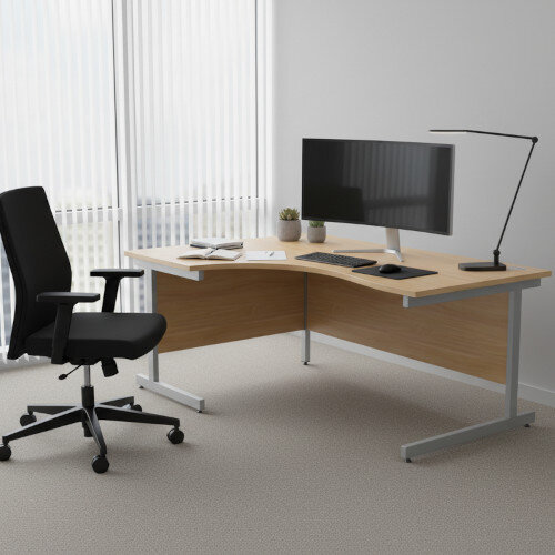 Left Hand Radial Corner Office Desk - Silver Cantilever Legs W1600xD1200xH725mm Beech Ashford