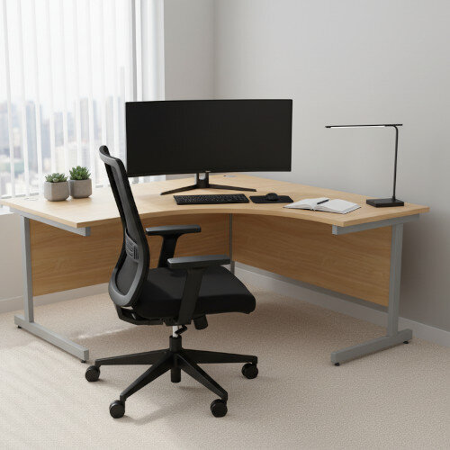 Radial Right Hand Corner Office Desk - W1600xD1200xH725mm - Beech Top - Silver Cantilever Legs