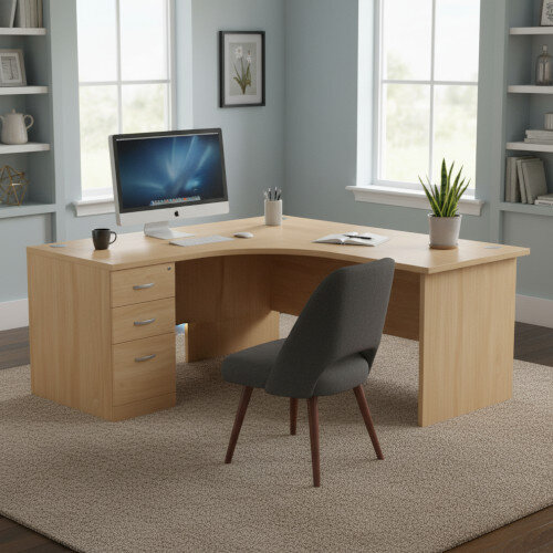 Left-Hand Radial Panel-End Office Corrner Desk with 3-Drawer Desk High Pedestal – Bundle Offer