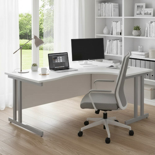 Ashford Silver Metal Twin Leg Right Hand Crescent white Desk 1600mm