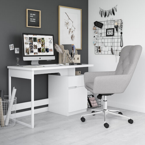 Bridport Home Office Desk With Storage Drawer & Large Cupboard White Glossy Finish with Painted Steel Frame W1190xD590xH765mm