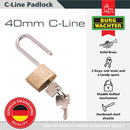 Burg Wachter 222 HB 40 65 SB Brass Standard Padlock 40mm Long Shackle 65mm
