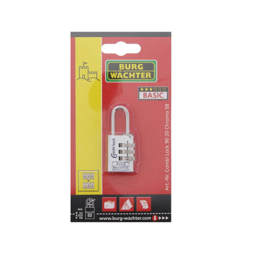 Burg Wachter  Combi 90 20 Chromo SB Combination Chrome Padlock 20mm Aluminium 3 Dials