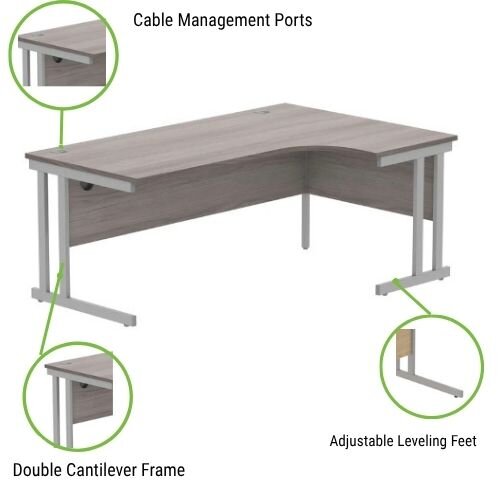 Core Office Right Desk 1800mmX1200mm Alaskan Grey Oak With Double Cantilever Silver Frame 