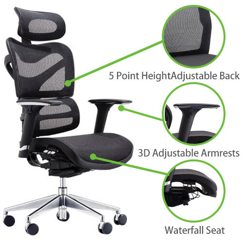 Dorsum Executive Ergonomic Mesh Posture Office Chair - Adjustable Headrest - Adjustable Lumbar Support - Modern Design - Black