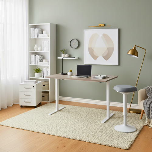 Electro Elevate Electric Single Motor Height Adjustable Sit Stand Office Desk W1400xD800 Grey Oak Top White Frame 5 Year Warranty