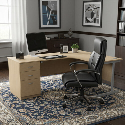 Ashford 1600mm Left Hand Radial Corner Office Desk - Metal Leg With 3 Drawer Desk High Pedestal Beech Bundle Offer