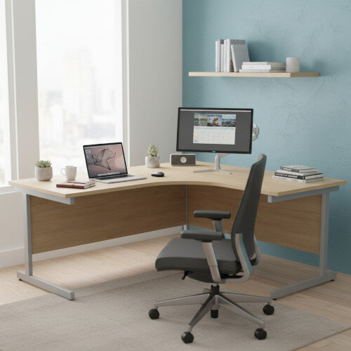 Radial Left Hand Corner Office Desk -  W1600xD1200xH725mm - Urban Oak - Silver Cantilever Legs