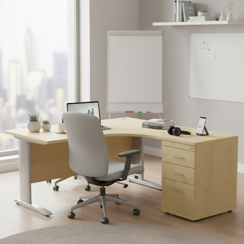 Radial Left Hand Corner Office Desk -  W1600xD1200xH725mm - Maple - Silver Cable Managed Leg with 600mm Desk High Pedestal