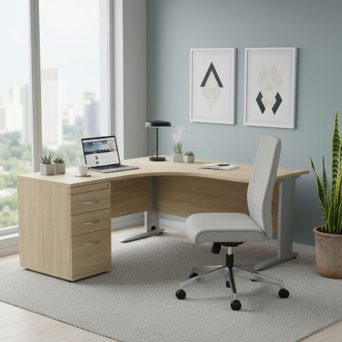 Radial Right Hand Corner Office Desk -  W1600xD1200xH725mm - Urban Oak - Silver Cable Managed Leg with 600mm Desk High Pedestal