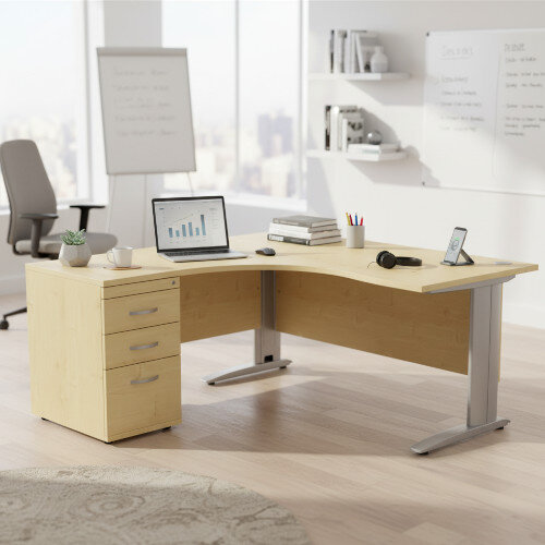 Radial Left Hand Corner Office Desk -  W1600xD1200xH725mm - Maple - White Cable Managed Leg