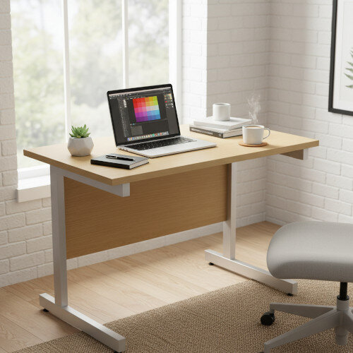 Rectangular Return Office Desk Silver Legs Urban Oak W1000xD600mm Ashford
