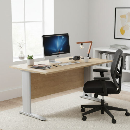 Komo Cantilever Wave Office Desk With Silver Cable Managed Leg Left Hand W1600xD1000-800xH725mm Oak