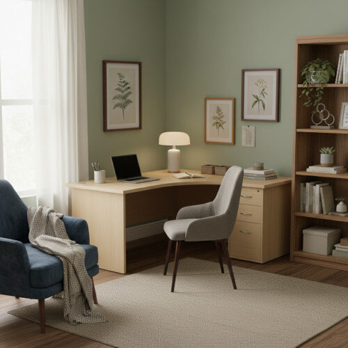 Radial Right Hand Corner Office Desk - Panel End - W1600xD1200xH725mm - Beech with 3 Drawer Desk High Pedestal 600mm