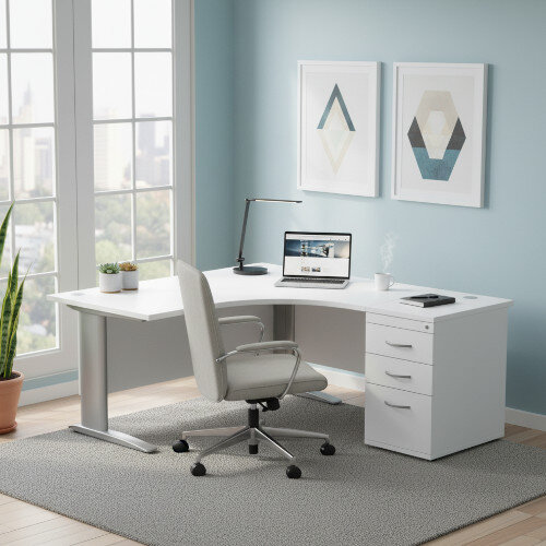 Radial Left Hand Corner Office Desk -  W1600xD1200xH725mm - White - Silver Cable Managed Leg with 600mm Desk High Pedestal