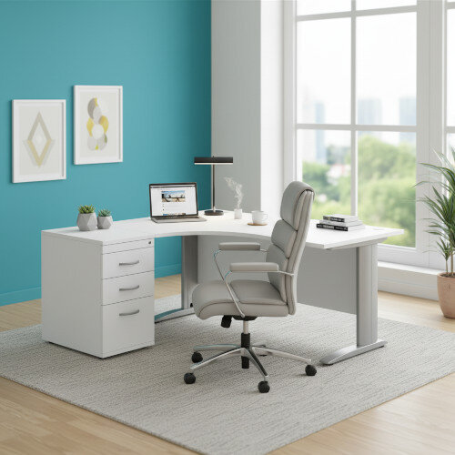 Radial Right Hand Corner Office Desk - W1600xD1200xH725mm - White - Silver Cable Managed Leg with 600mm Desk High Pedestal