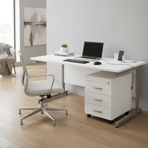 Office Desk Rectangular Silver Legs W1400mm With Mobile 3-Drawer Pedestal White Ashford