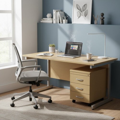 Office Desk Rectangular Silver Legs W1400mm With Mobile 3-Drawer Pedestal Urban Oak Ashford – Cantilever Desk & Extra Storage , 25 Year Warranty