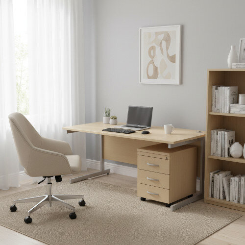 Office Desk Rectangular Silver Legs W1800mm With Mobile 3-Drawer Pedestal Maple Ashford