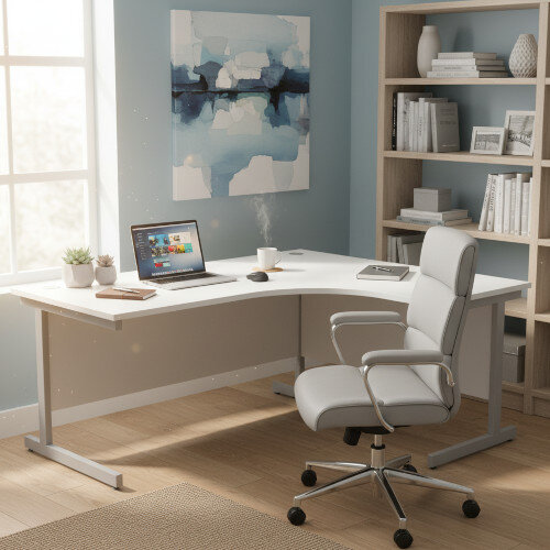 Radial Right Hand Corner Office Desk - W1800xD1200xH725mm - White - Silver Cantilever Legs