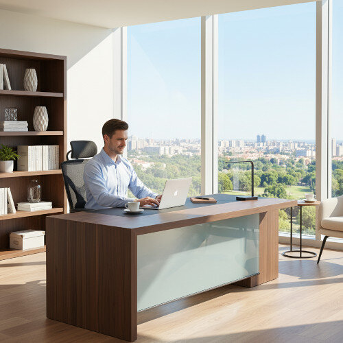 Soreno American Walnut Executive Left Hand Office Desk with Transparent Tempered Glass Leg W2210mm