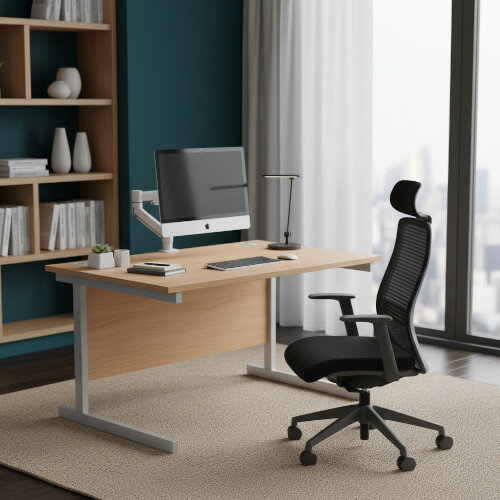 Home Office Bundle - Ashford Straight Office Desk Beech W1200mm With NV Posture Chair Black & Leap White Single Monitor Arms