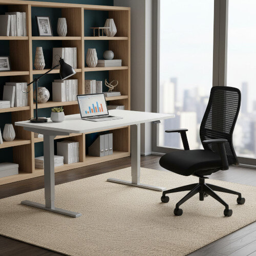 Zoom Electric Height Adjustable Desk White W1200mm & Nv Posture Office Chair Black Bundle