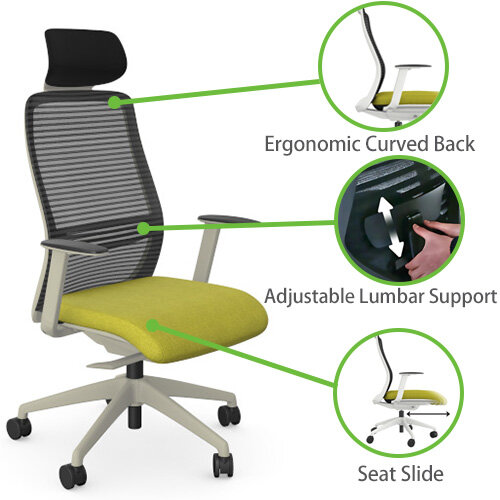 NV Ergonomic Posture Office Chair  - Contoured Breathable Mesh Back  - Headrest  - Adjustable Lumbar Support  - White Frame - Green Seat