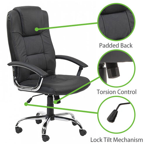 Alphason Houston Executive Chair - High Padded Back - Padded Arms - Chrome Frame - Black