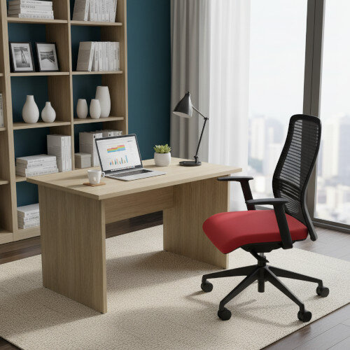 Home Office Ashford Desk W1200xD700mm 25mm Desktop Panel Legs Urban Oak & NV Posture Office Chair with Contoured Mesh Back and Adjustable Lumbar Support Black Frame Red Seat
