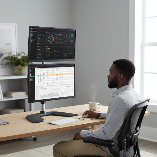 StarTech Vertical Dual Monitor Stand - Ergonomic Desktop Stacked Two Monitor Stand up to 27 inch VESA Mount Displays - Free Standing Universal Monitor Mount - Height Adjustable - Silver ARMDUOVS