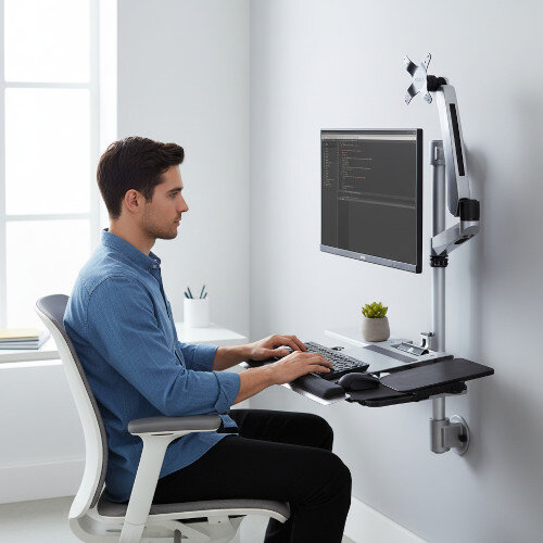 StarTech Wall Mount Workstation - Articulating Standing Desk w/ Ergonomic Height Adjustable Monitor Arm & Padded Keyboard Tray - 34" VESA Display - Foldable Wall Mounted Sit Stand WALLSTSI1
