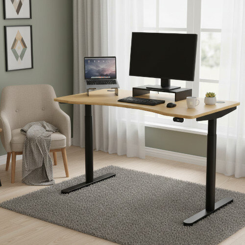 RoundE Electric Dual Motor Height Adjustable Curved Sit Stand Desk Portal Top W1200xD700xH645-1145mm Natural Light Bamboo Top Black Frame 10 Year Warranty