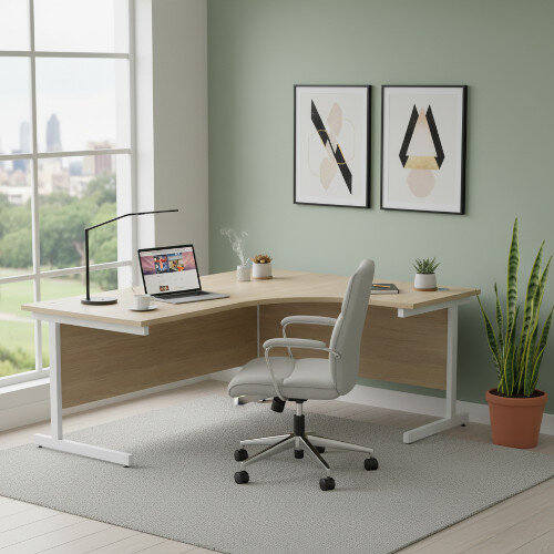Radial Right Hand Corner Office Desk - W1800xD1200xH725mm - Urban Oak - White Cantilever Legs