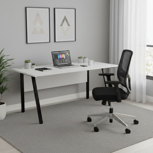 Rectangular Compact Home Office Desk with White Desktop & Modesty Panel & Black Frame W1100xD600xH740mm