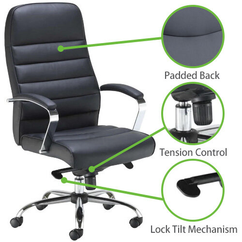 Ares Executive Office Chair - Black Leather - Ergonomic High Back with Chrome Padded Arms & Chrome Swivel Base