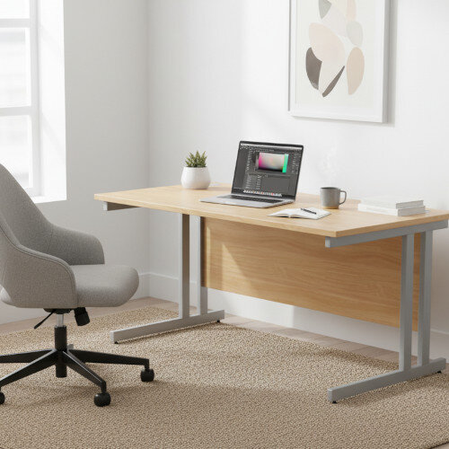 Office Desk Silver Double Cantilever Twin Leg Straight Desk Width 1600mm Beech Ashford