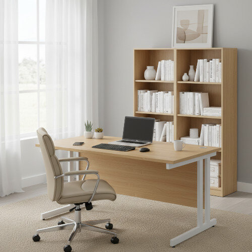 Office Desk White Double Cantilever Twin Leg Straight Desk Width 1600mm Beech Ashford