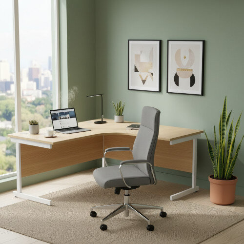 Core Right Hand Corner Office Desk - W1600xD1200xH730mm - Canadian Oak - Single Cantilever White Frame