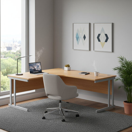 Core Left Hand Corner Office Desk - W1800xD1200xH730mm - Norwegian Beech - Double Cantilever Silver Frame