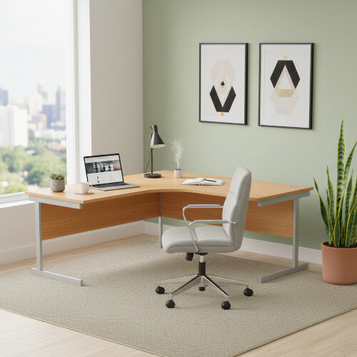 Core Left Hand Corner Office Desk - W1800xD1200xH730mm - Norwegian Beech - Single Cantilever Silver Frame